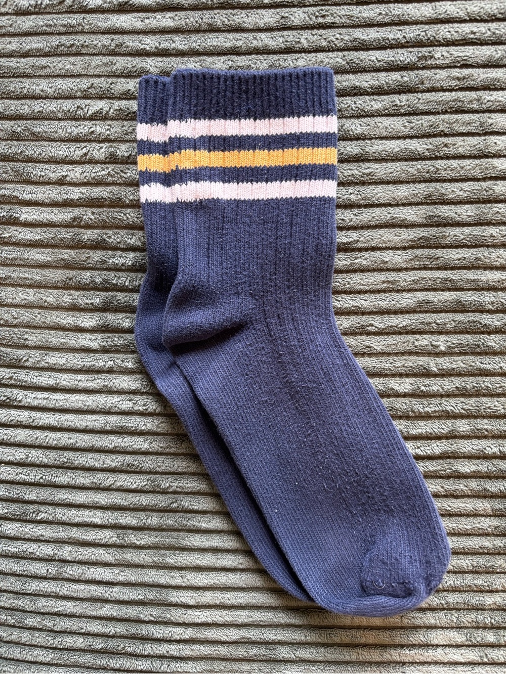 J. Crew Navy Crew Socks with White and Yellow Stripes